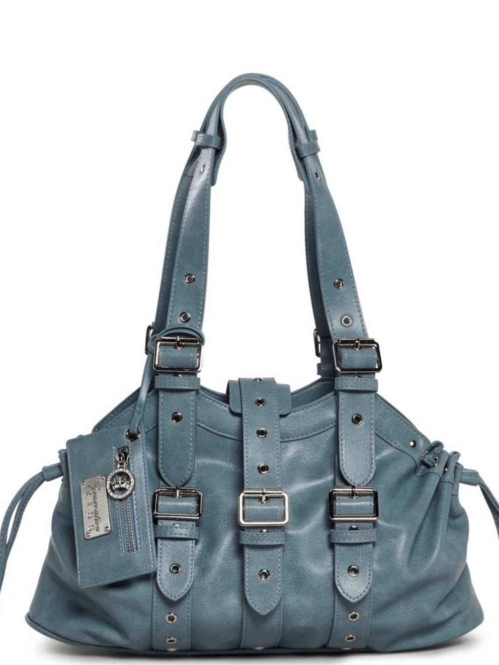 Blue Leather Shoulder Bag with Buckle Accents